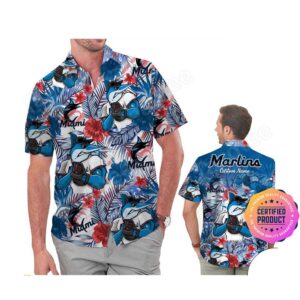 Miami Marlins America Flag Tropical Floral MLB Aloha Hawaiian Shirt, Beach Shorts Custom Name For Men Women