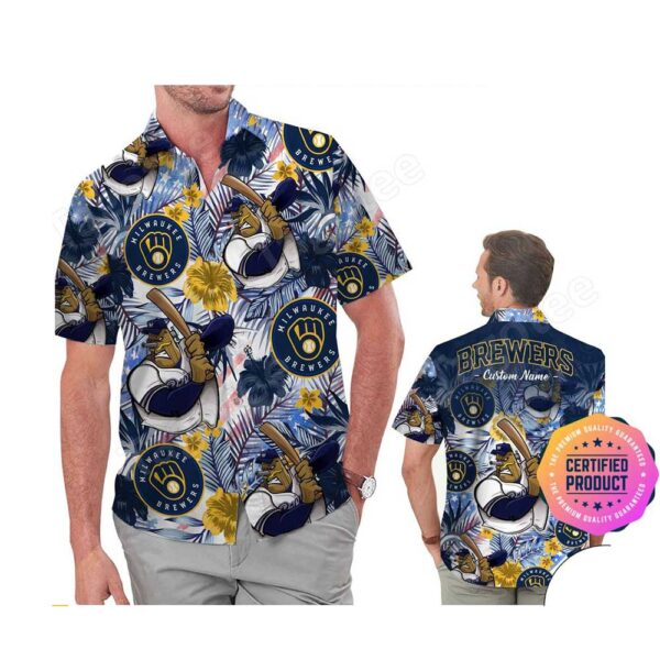 Milwaukee Brewers America Flag Tropical Floral MLB Aloha Hawaiian Shirt, Beach Shorts Custom Name For Men Women