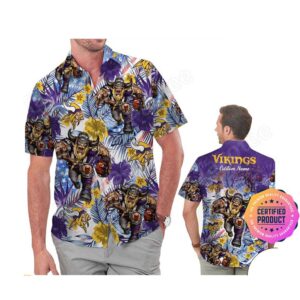 Minnesota Vikings America Flag Tropical Floral  Aloha Hawaiian Shirt, Beach Shorts Custom Name For Men Women