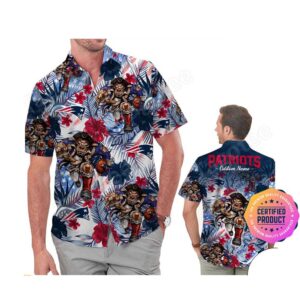 New England Patriots America Flag Tropical Floral  Aloha Hawaiian Shirt, Beach Shorts Custom Name For Men Women