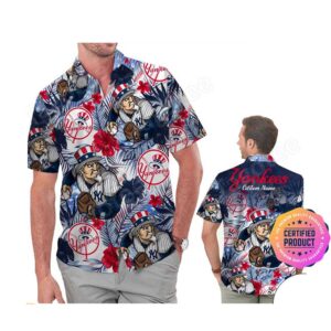 New York Yankees America Flag Tropical Floral MLB Aloha Hawaiian Shirt, Beach Shorts Custom Name For Men Women