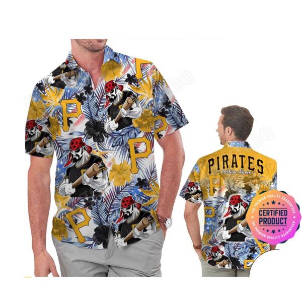 Pittsburgh Pirates America Flag Tropical Floral MLB Aloha Hawaiian Shirt, Beach Shorts Custom Name For Men Women