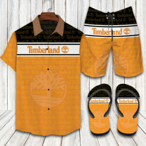 Timberland Logo Print Orange Flip Flops And Combo Hawaiin Shirt Shorts
