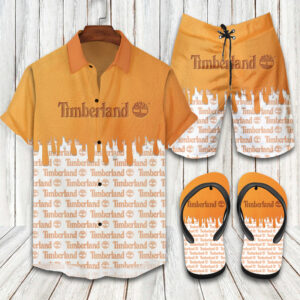 Timberland Luxury Brand White Orange Hawaiian Shirt Shorts and Flip Flops Combo