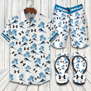 Under Armour White Blue Floral Combo Hawaiin Shirt Shorts and Flip Flops