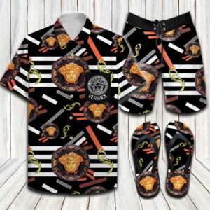 Versace Lion Head with Birds Hawaiian Shirt Shorts and Flip Flops Combo