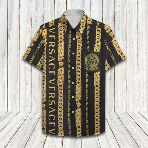Versace Chain Pinstripe Hawaiian Shirt Shorts and Flip Flops Combo