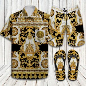Versace Golden Luxury Brand Hawaiian Shirt Shorts and Flip Flops Combo