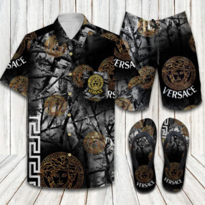 Versace Jungle Black Limited Hawaiin Shirt Shorts and Flip Flops