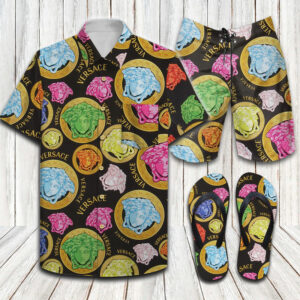 Versace Medusa Amplified Multicolour Hawaiian Shirt Shorts and Flip Flops Combo