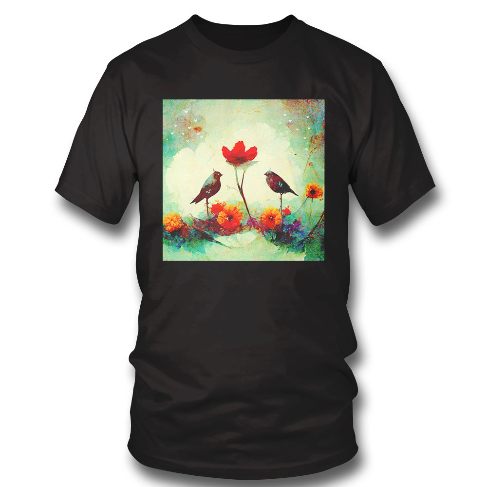 Two Black Birds With Red And Orange Flowers Art Shirt Ladies Tee, Sweatshirt, Hoodie, Longsleeve, Tank Top