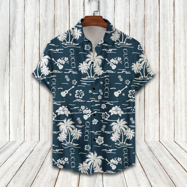 Gucci Pattern Navy 2022 Hawaiian Shirt Beach Shorts and Flip Flops Combo