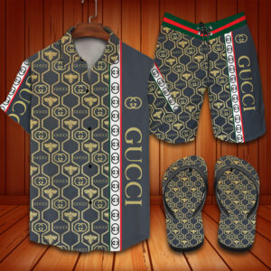 Gucci Bee pattern 2022 Combo Hawaiian Shirt Beach Shorts And Flip Flop