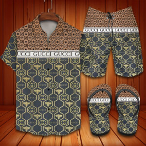 Gucci Navy Gold Bee Pattern 2022 Hawaiian Shirt Beach Shorts and Flip Flops Combo