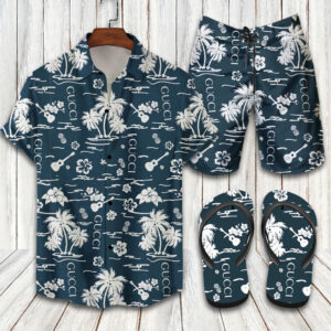 Gucci Pattern Navy 2022 Combo Hawaiian Shirt Beach Shorts And Flip Flop
