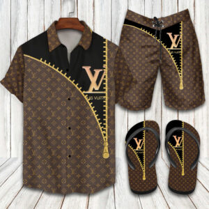LV Paris Brand Hawaiian Shirt Beach Shorts and Flip Flops Combo