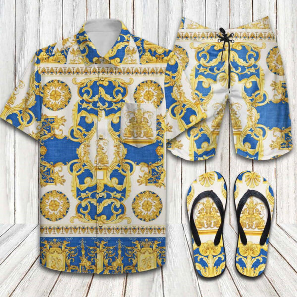 Versace golden baroque Patriotic American 2022 Hawaiian Shirt Beach Shorts and Flip Flops Combo