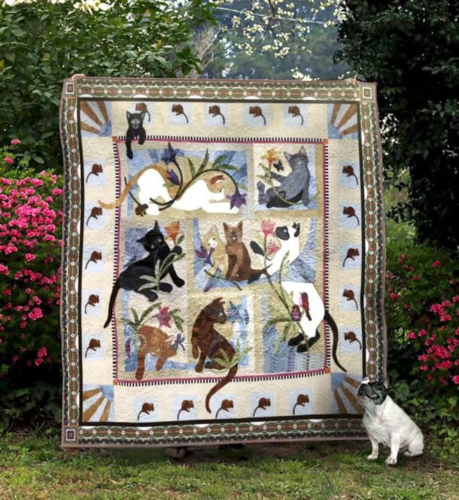 Lovely Cat And Flower Great Gift For Cat Lovers Fleece Quilt Blanket Premium