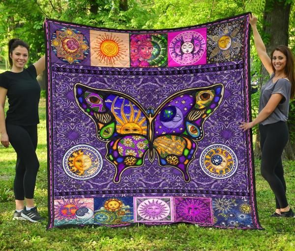 Sun And Moon Butterfly Hippie Fleece Quilt Blanket Gift