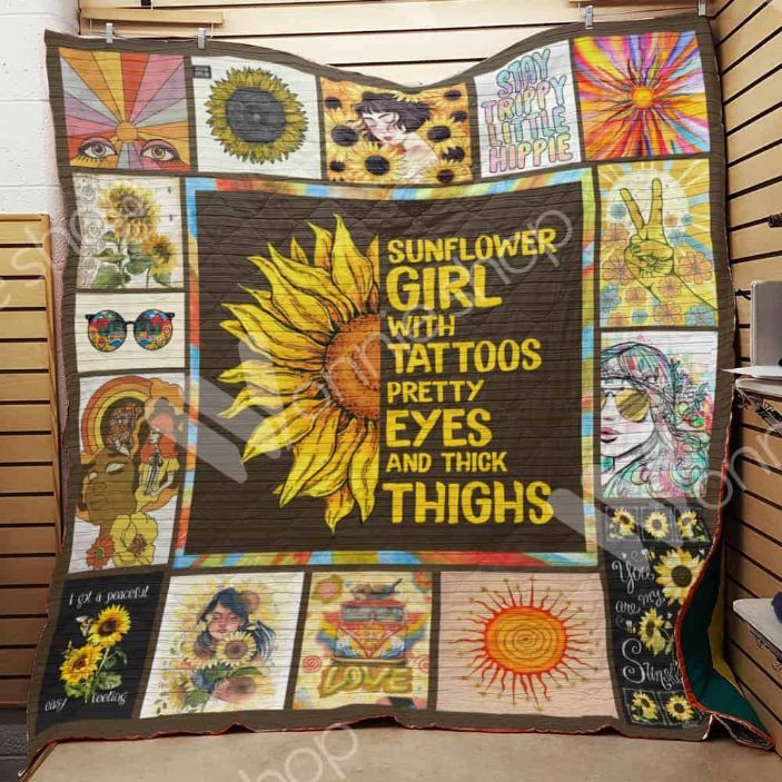 Sunflower Girl With Tattoos Hippie Sunflower Fleece Quilt Blanket Premium
