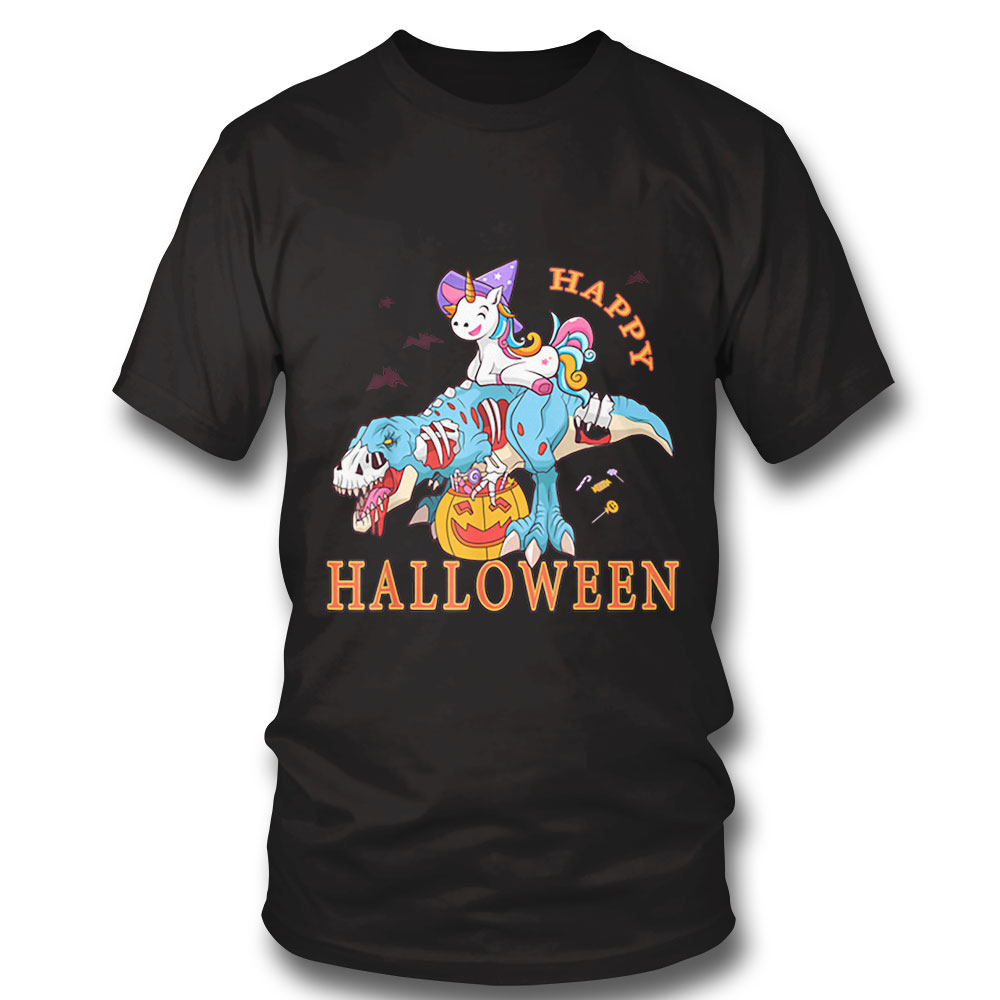 Pumpkin Candy Unicorn Riding Zombie T Rex Dinosaur Halloween Shirt