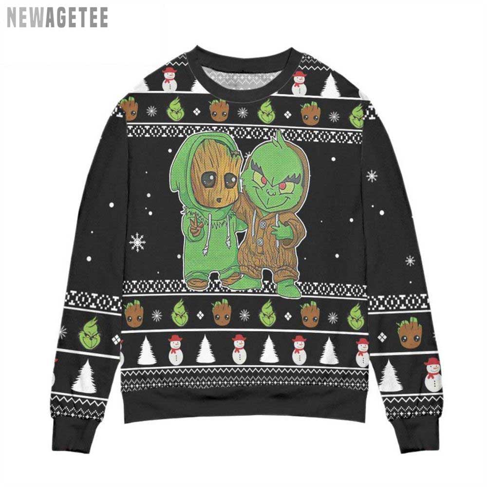 Best Friends Baby Groot And Grinch Ugly Christmas Sweater Black Gift Xmas