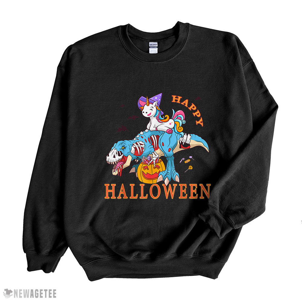 Pumpkin Candy Unicorn Riding Zombie T Rex Dinosaur Halloween Shirt