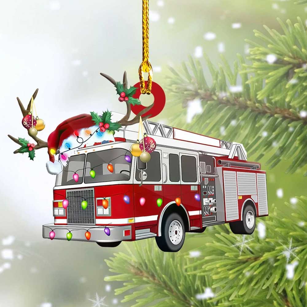 Firefighter Truck Ornament Firefighter Truck Christmas Lights Flat Wooden Christmas Ornament Xmas Tree Decor