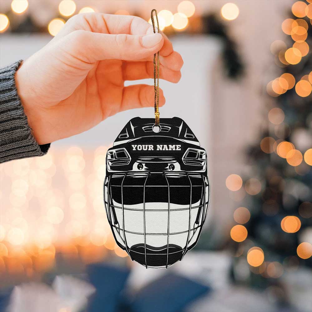 Hockey Ornament Hockey Helmet Christmas Custom Name Ornament Personalized Flat Wooden Christmas Ornament