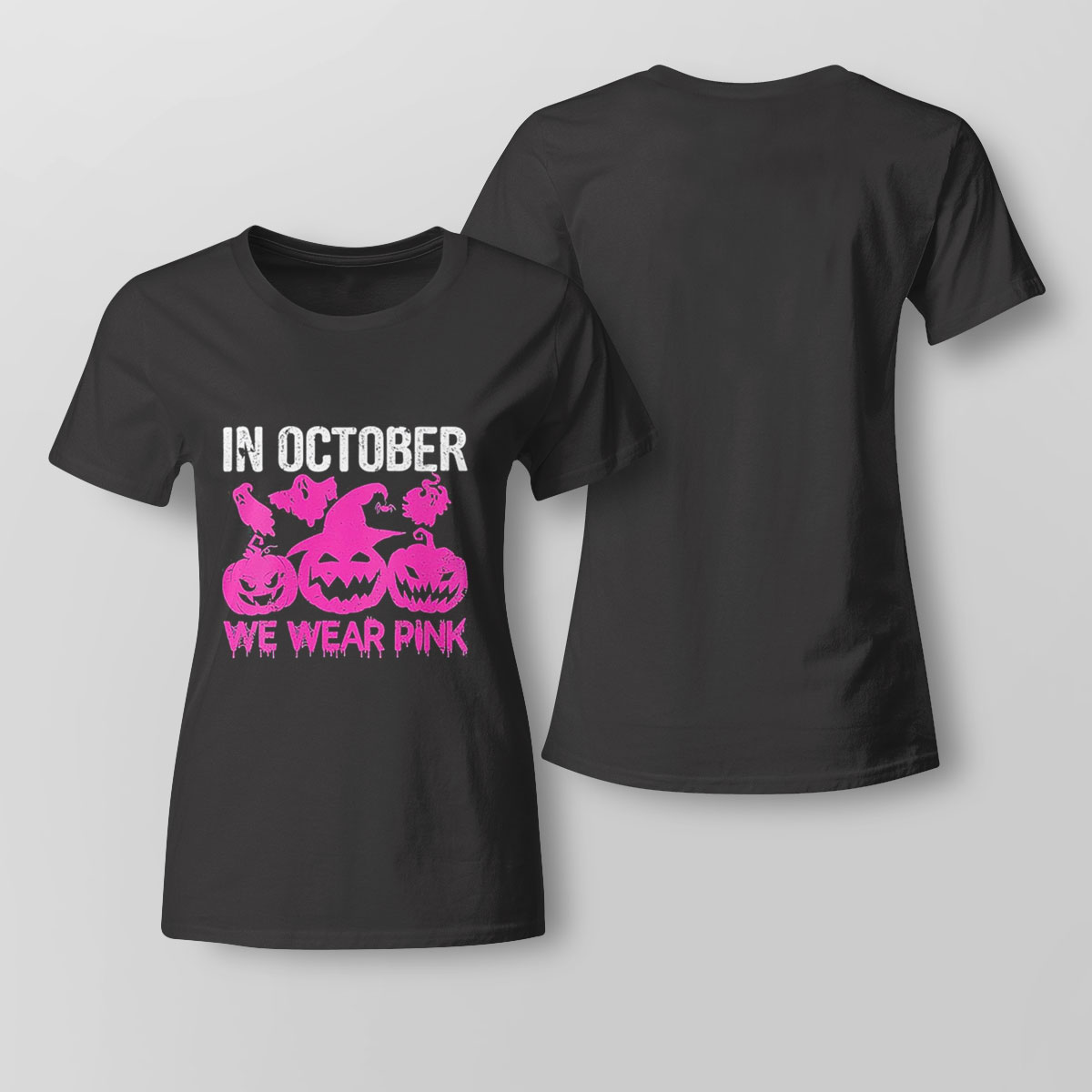 Womens In October We Wear Pink Cute Pumpkin Halloween Breast Cancer Shirt Hoodie Long Sleeve, Tank Top