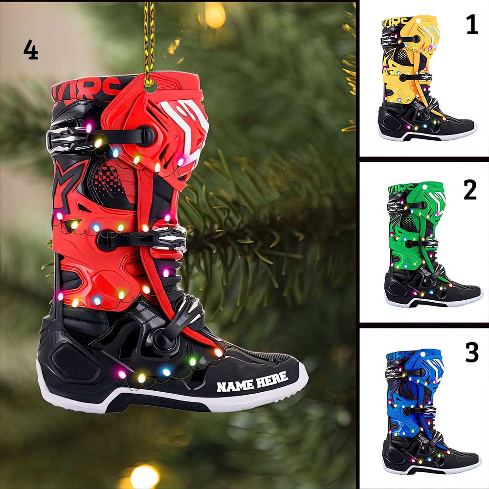 Motocross Shoes With Christmas Light Personalized Gift For Motocross Riders Flat Wooden Christmas Ornament Holiday Gift