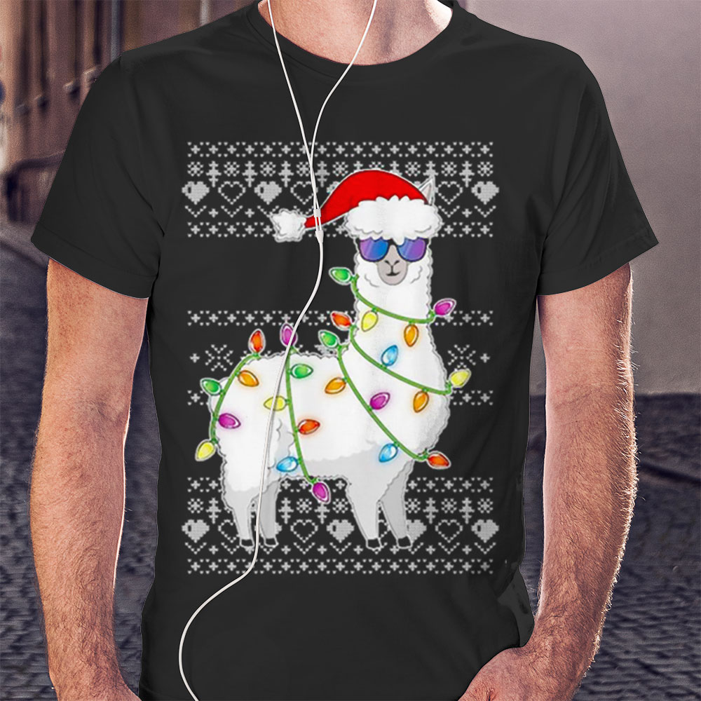 Santa Llama Ugly Christmas Light Shirt