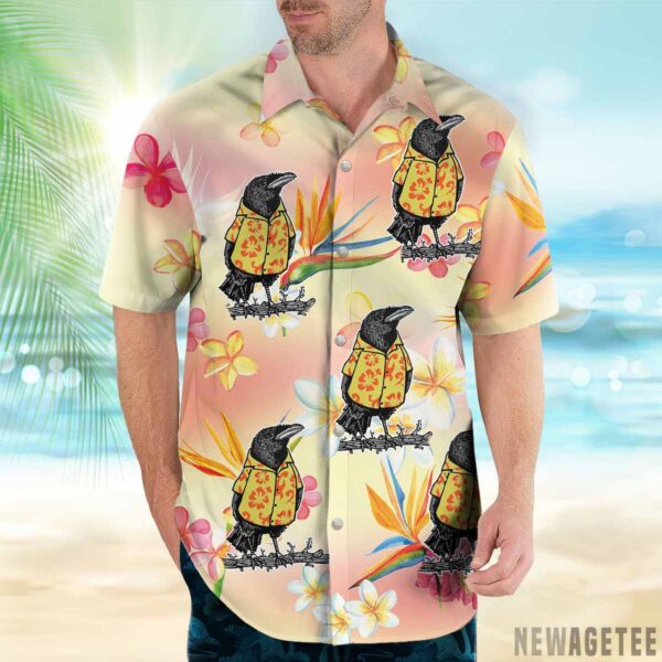 Crow wearing a Hawaiian shirt button up shirt