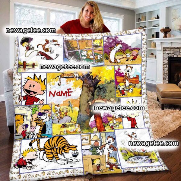 Personalized Calvin And Hobbes Fleece Quilt Blanket