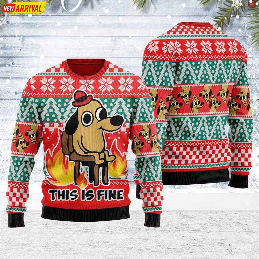 This Is Fine Meme Ugly Christmas Sweater
