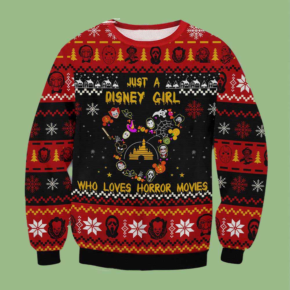 Horror Disney Girl Loves Horror Movie Ugly Christmas Sweater
