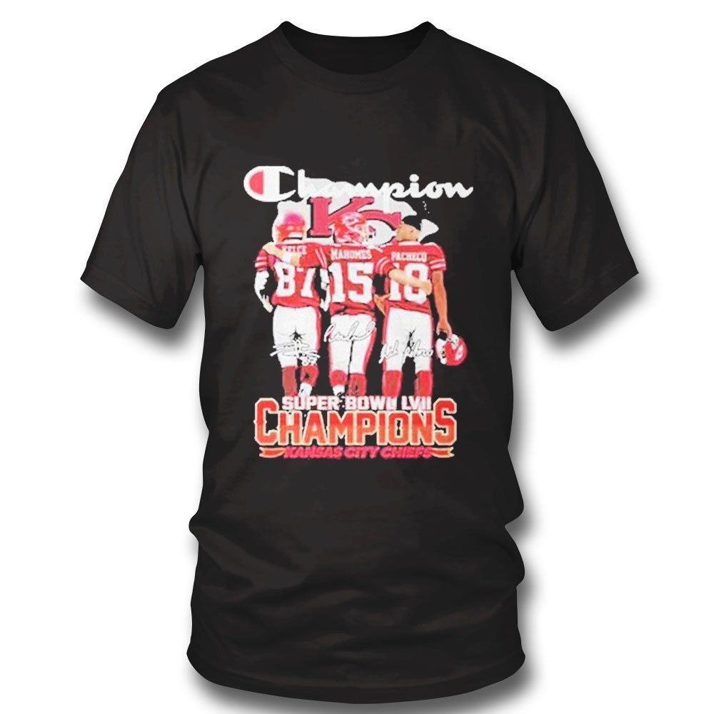 Travis Kelce Patrick Mahomes And Pacheco Super Bowl Lvii Champions Kansas City Chiefs Signatures Shirt