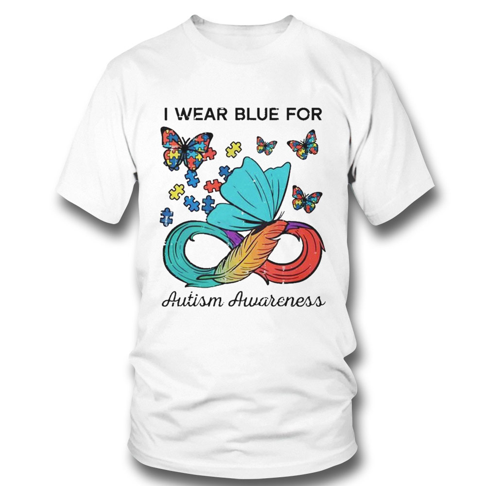 I Wear Blue For Autism Awareness Autism Feather Puzzle Butterfly T-shirt