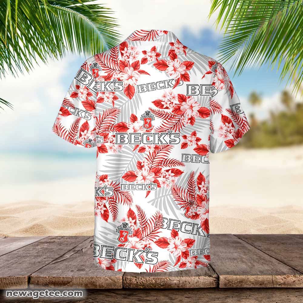 Beck’s Beer Hawaiian Button Up Shirt Flowers Pattern