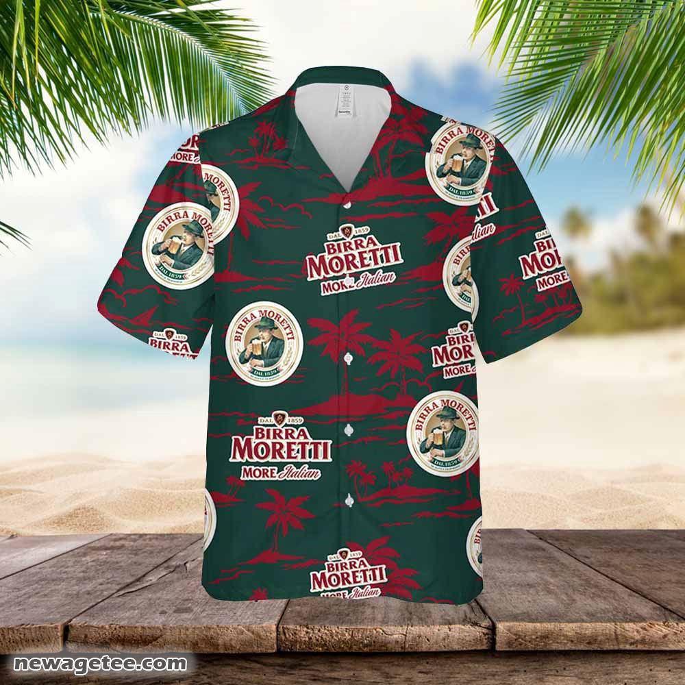 Birra Moretti Hawaiian Button Up Shirt Island Palm Leaves Loves