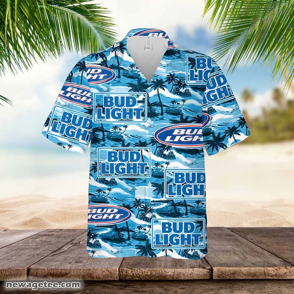 Bud Light Hawaiian Button Up Shirt Sea Island Pattern