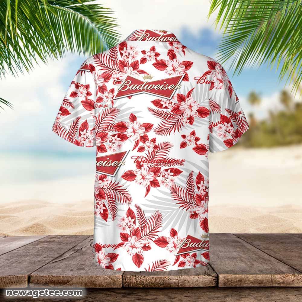 Budweiser Hawaiian Button Up Shirt Hibiscus Floral