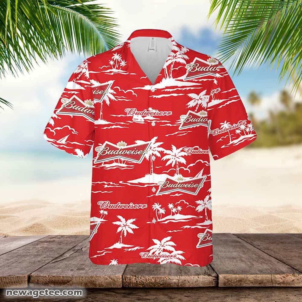 Budweiser Hawaiian Button Up Shirt Island Palm Leaves Shirt