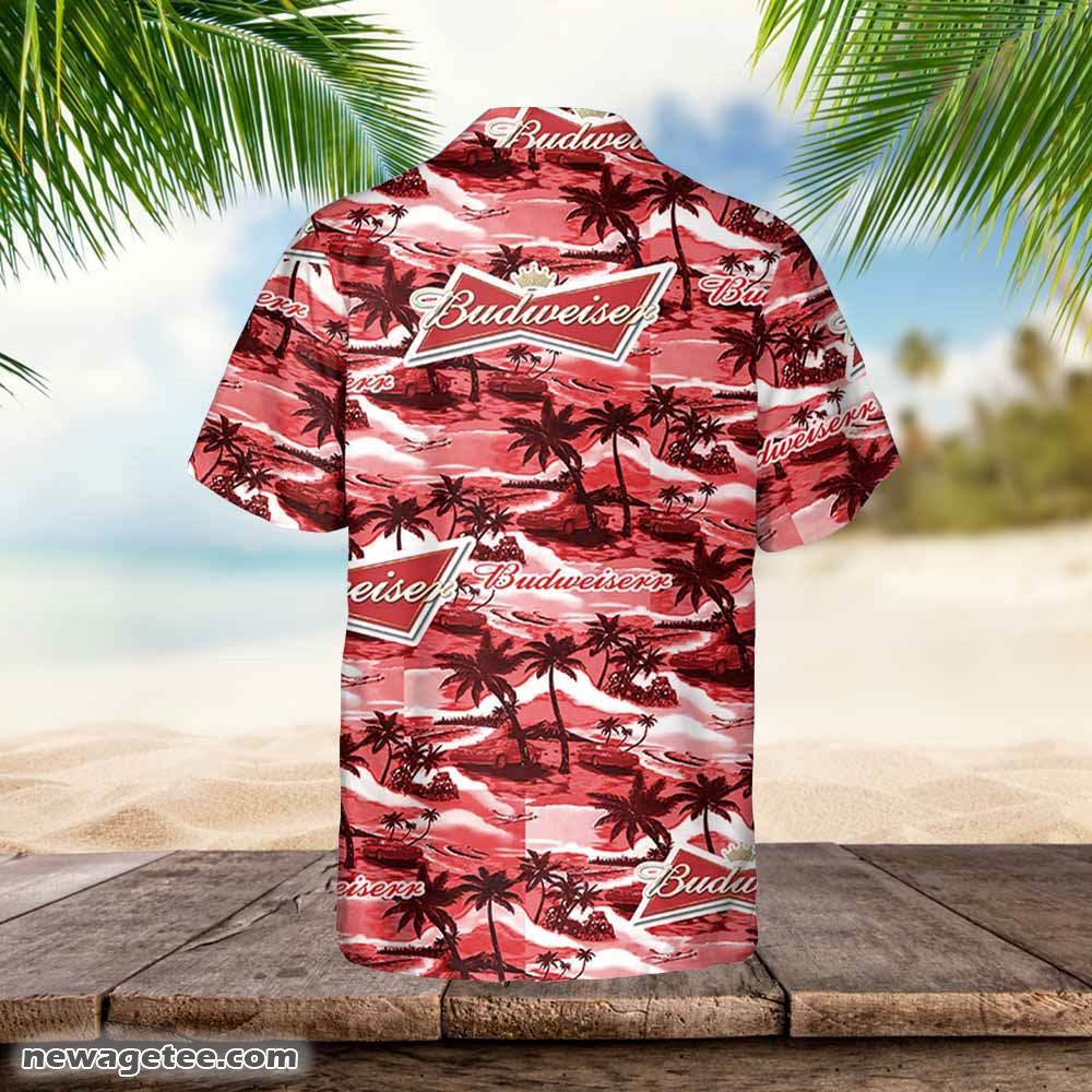 Budweiser Hawaiian Button Up Shirt Sea Island Pattern