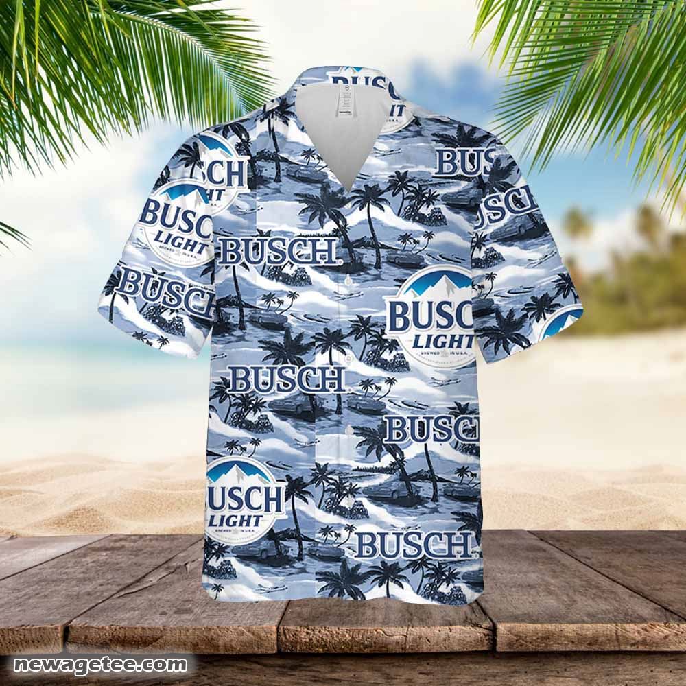 Busch Light Hawaiian Button Up Shirt Palm Leaves Pattern