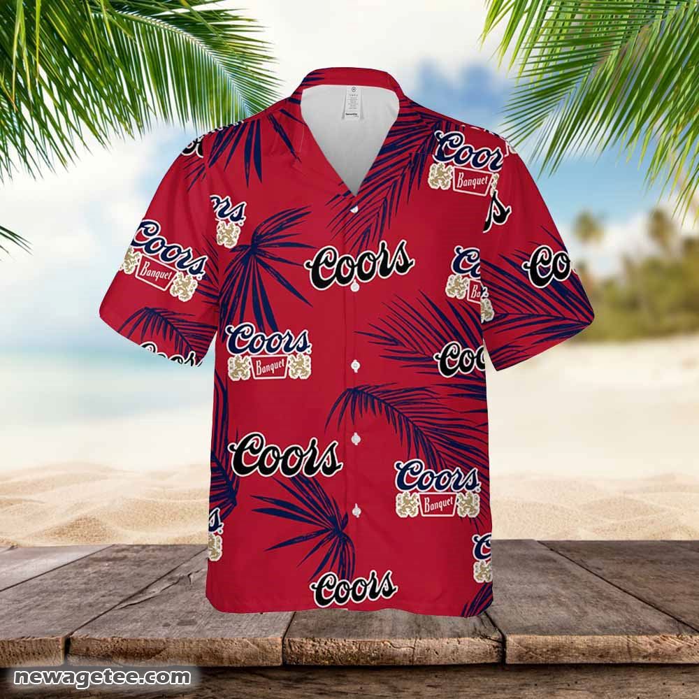 Coors Banquet Hawaiian Button Up Shirt Palm Leaves Pattern