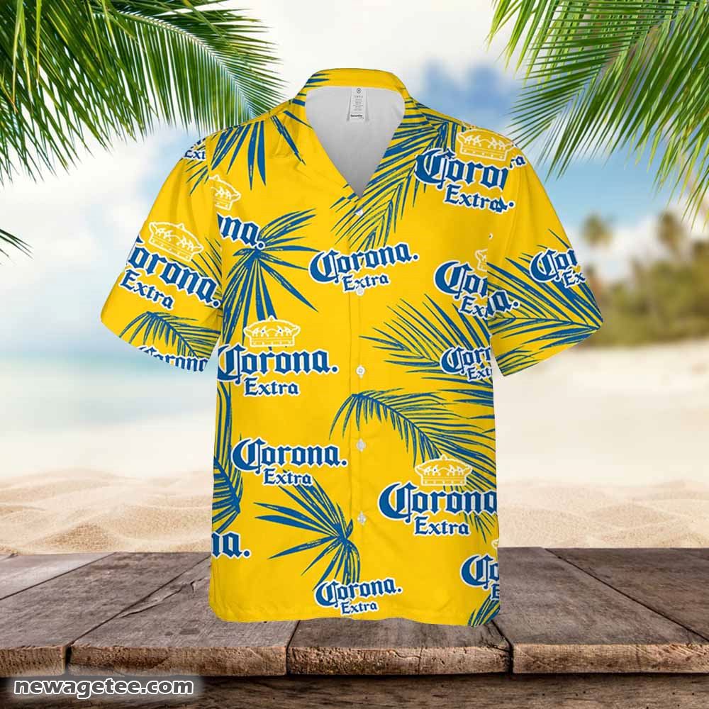 Corona Hawaiian Button Up Shirt Palm Leaves Pattern Party