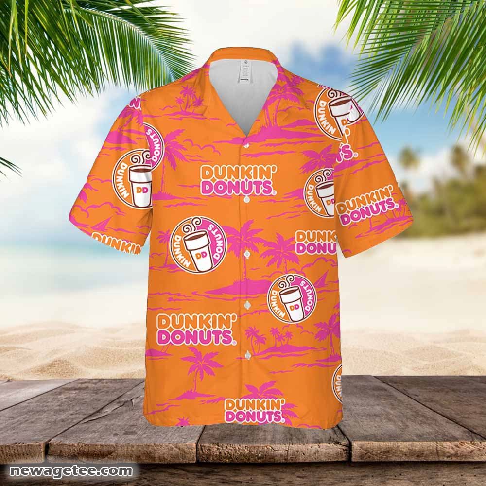 Dunkin Donuts Hawaiian Button Up Shirt Island Palm Leaves Shirt