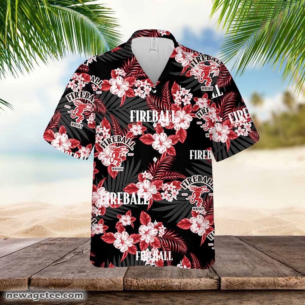 Fireball Hawaiian Button Up Shirt Palm Leaves Pattern Party