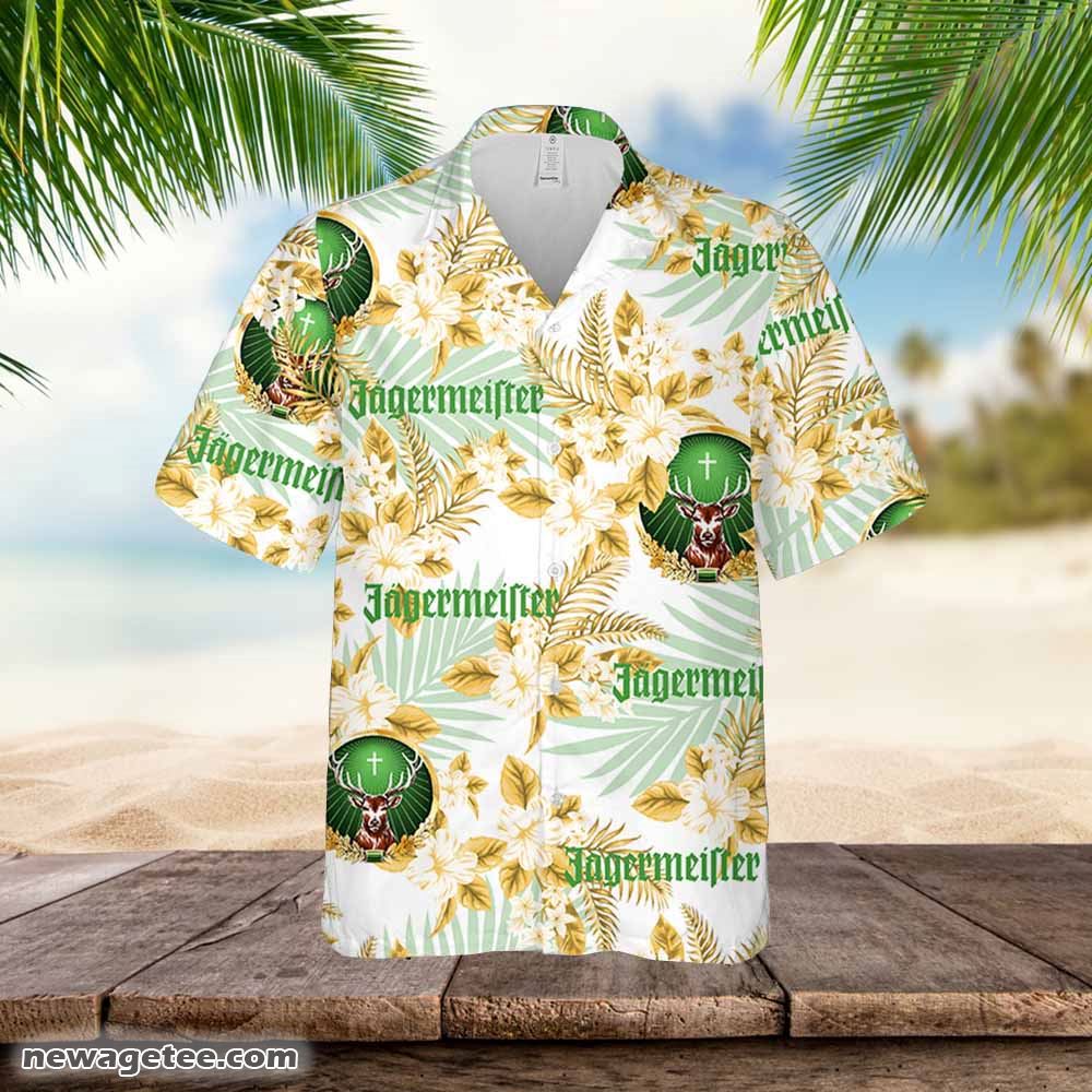 Jagermeister Hawaiian Button Up Shirt Palm Leaves Pattern